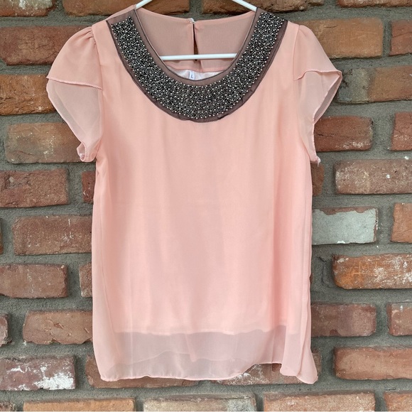 Peach Chiffon Top with Beaded Round Neckline and Crossover Flutter Sleeves - Picture 4 of 11